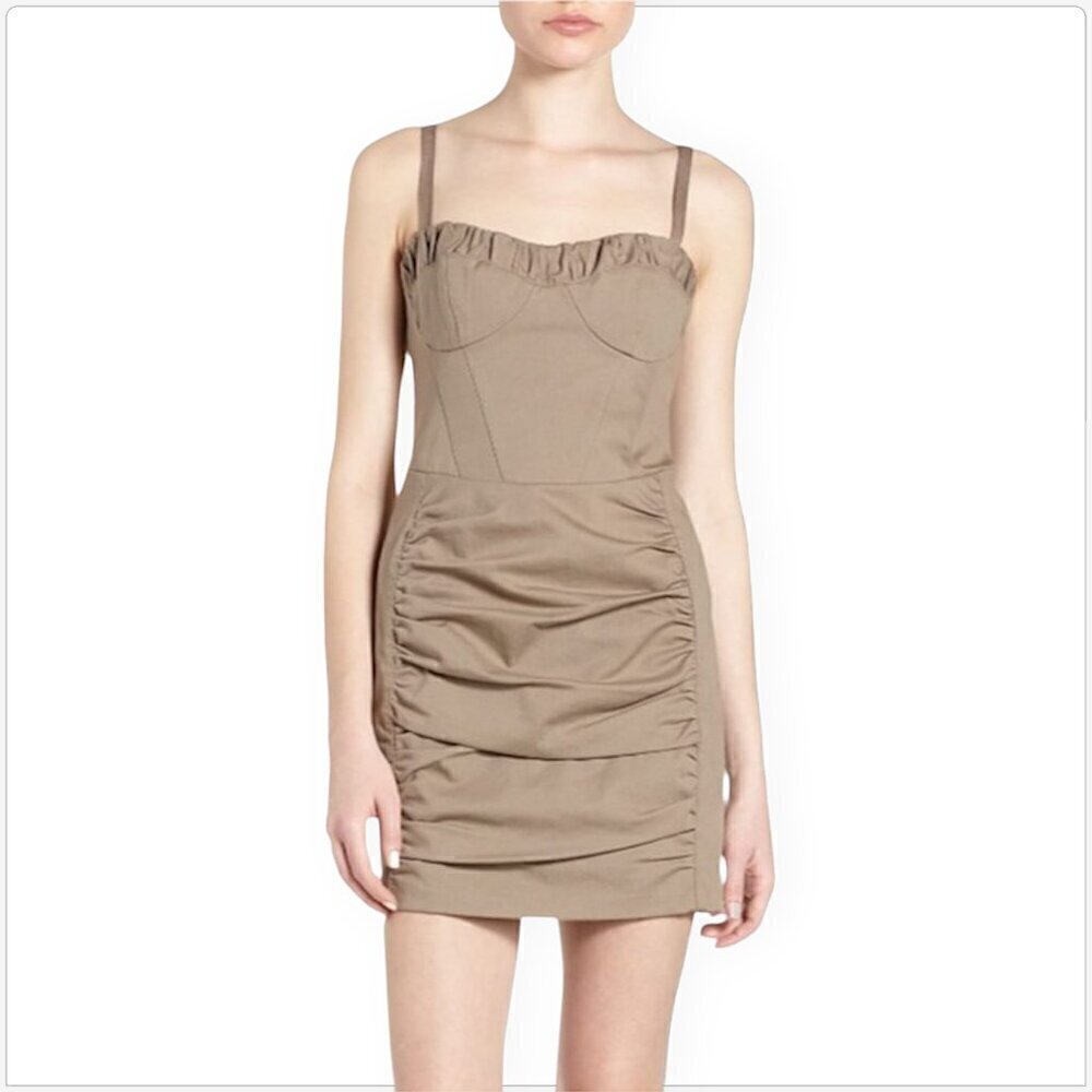 Nanette Lepore Khaki Amorous Dress Removable Straps Strapless Ruched NEW NWT 10